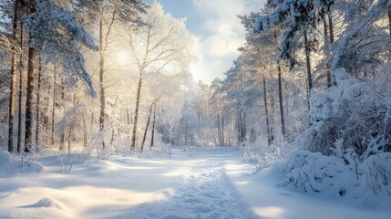 Sunlit winter forest path covered in snow.
