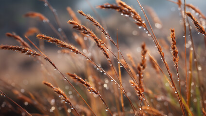 Naklejka premium Close-Up of Dew-Covered Grass Seed Heads in Warm Light 