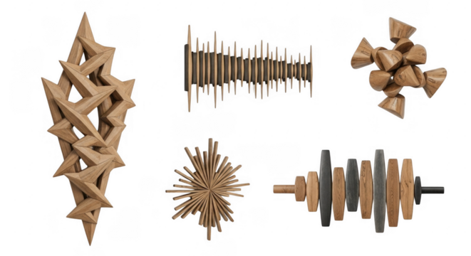 Collection of Unique Wooden Sculptures Showcasing Exquisite Artistic Design and Masterful Craftsmanship in Diverse Styles, isolated on a transparent background