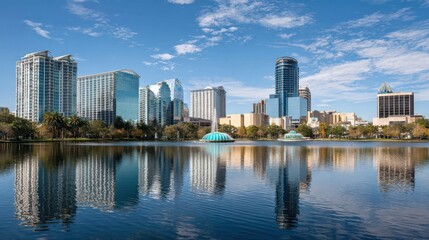 Fototapeta premium Orlando, Florida, USA downtown skyline at Eola Lake., no logos, no brands