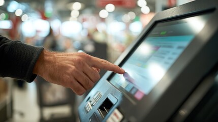 Anonymous customer touching a digital screen at a checkout kiosk with a payment terminal in a retail setting