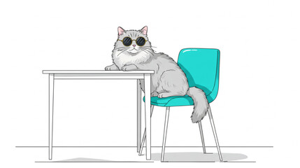 A fluffy gray cat wearing sunglasses is relaxing on a turquoise chair next to a table, perfect for comical designs or humorous pet-related graphics.