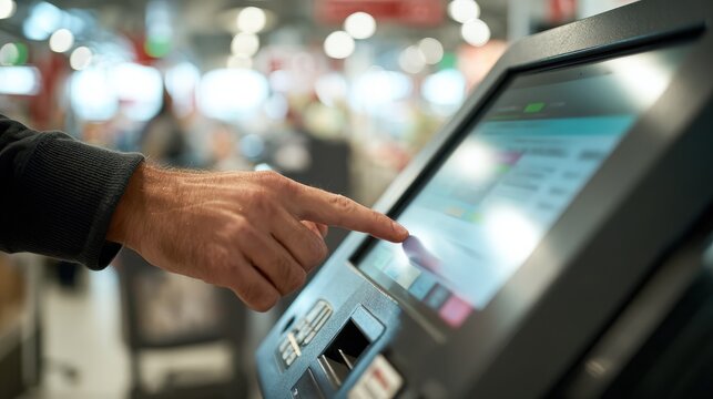 Anonymous customer touching a digital screen at a checkout kiosk with a payment terminal in a retail setting