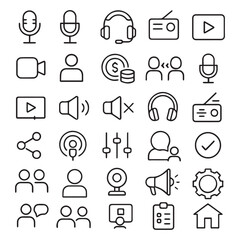 Fototapeta premium Minimal Audio and Media Icon Set for Podcasts, Video, and Streaming UI