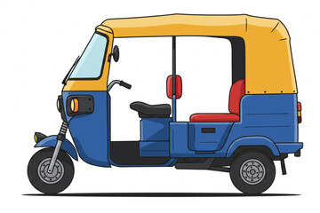 Charming auto rickshaw, a blue and yellow tuk-tuk, provides a vibrant element for travel-related designs, perfect for transport and tourism themes.