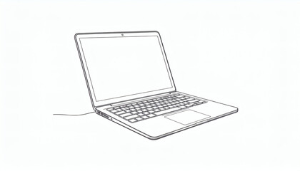 Laptop computer in minimalist brush style with softly outlined keys and screen on white background for sleek and modern tech design concepts