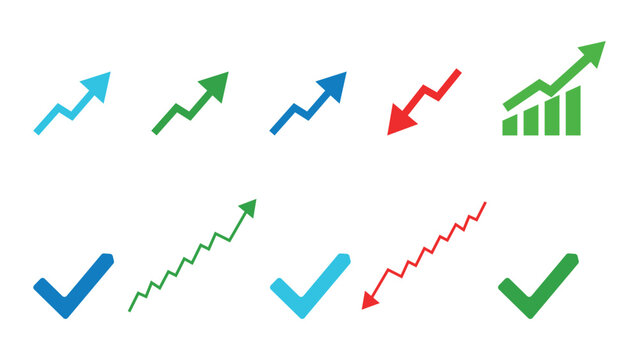 Colorful Up and Down Arrow Charts, Check Marks, Growth, Success, Progress Icons