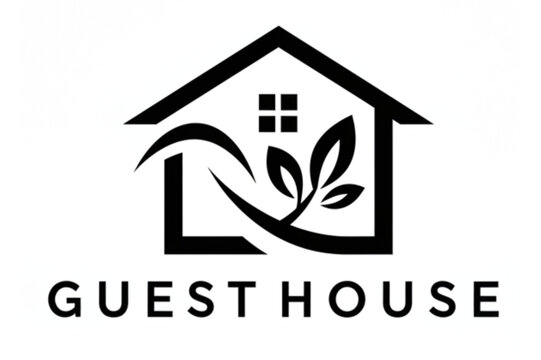 Elegant guesthouse icon featuring a home outline and stylized leaves, ideal for logo design or branding initiatives.