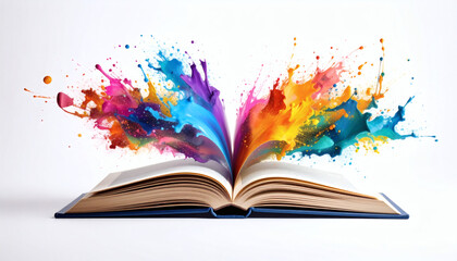Open book painted in brush texture with fluttering pages on white background for artistic and literary design concepts