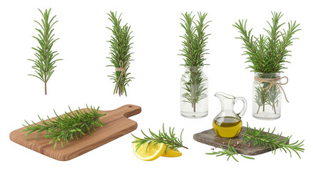 Fresh Rosemary Sprigs with Olive Oil and Lemon for Cooking and Garnishing, isolated on a transparent background