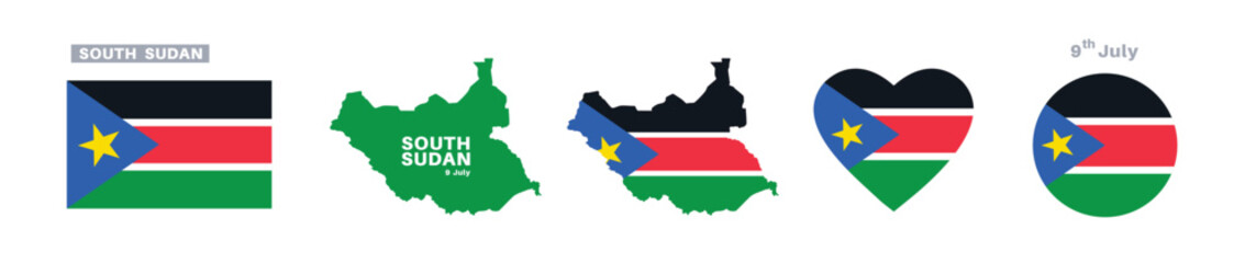 south sudan flag and map set. south sudanflag in official colors and proportions. independence day 9 july, map, circle and heart shaped south sudan