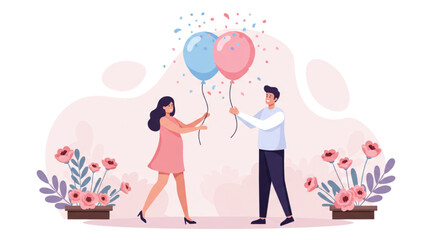 Fototapeta premium Celebrate with this festive gender reveal party scene showing balloons, flowers, and happy parents-to-be in a delightful design.