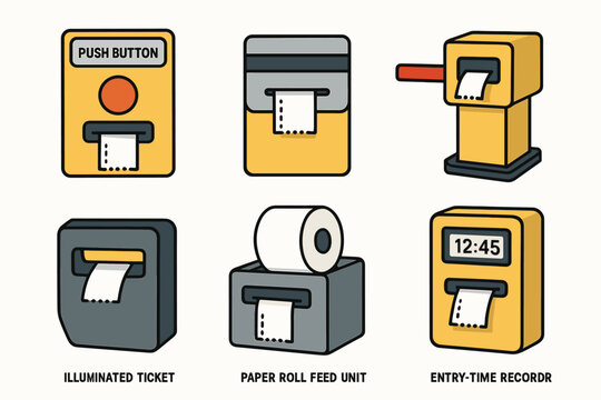 Retro ticket machine components with paper roll units and push button vector icon isolated illustration