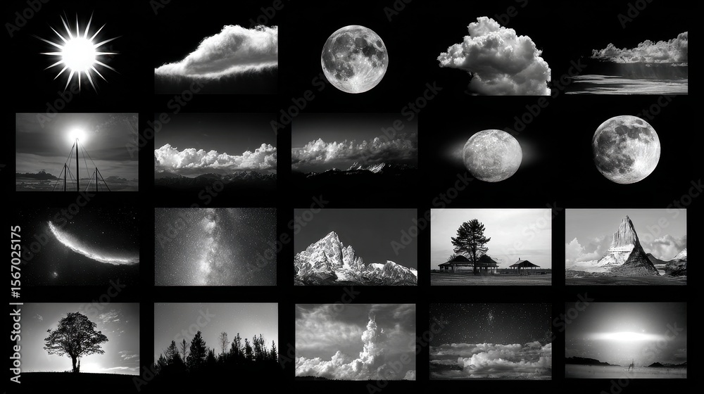 Fototapete weather element renderings displaying diverse cloud formations and suns on a clean white background