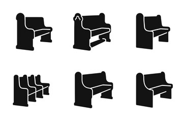 Set of six black church pew silhouettes in various designs vector icon isolated illustration
