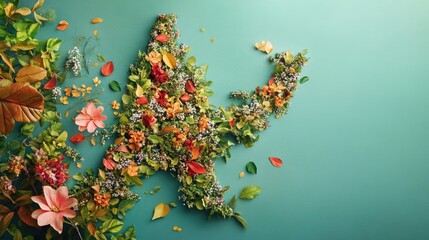 An artistic inspired depiction of representation of France's outline created from natural elements like leaves and flowers