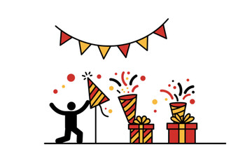 Cheerful celebration design shows a stick figure partying with confetti and presents, perfect for invitations or festive events.