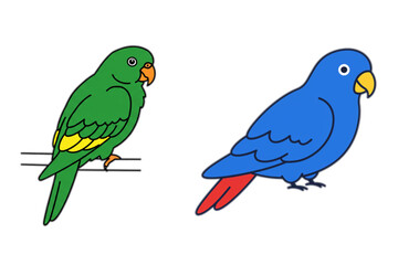 Charming parrots artwork displaying a playful green bird perched on a branch beside a cheerful blue parrot for joyful, whimsical designs.