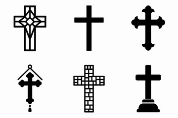Cross icon collection: diverse designs of christian symbolism in black and white vector icon isolated illustration