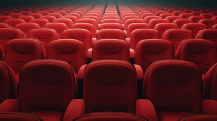 Fototapeta premium Rows of red cinema or theatre seats arranged neatly against a plain background, evoking a sense of anticipation and readiness for a performance or film.