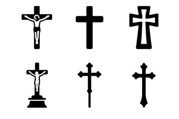 Six christian crosses: variations and designs in silhouette vector icon isolated illustration