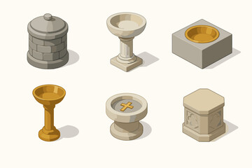 Collection of various stone fountains and basins in different shapes vector icon isolated illustration