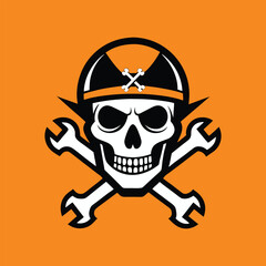 Skull biker helmet illustration with crossed wrenches, motorcycle mechanic emblem, vintage biker skull logo, custom bike repair vector art