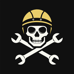 Skull biker helmet illustration with crossed wrenches, motorcycle mechanic emblem, vintage biker skull logo, custom bike repair vector art