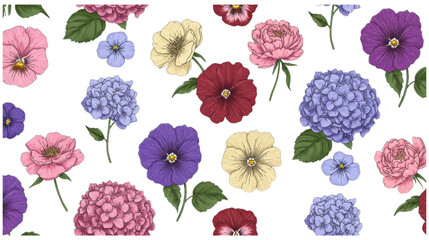 Beautiful botanical arrangement features a delightful mix of garden flowers including hydrangeas, pansies, and peonies for creative floral projects.