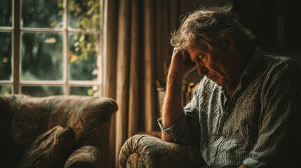 Sad and depressed old man sitting on armchair in living room feeling hurt and lonely. Frustrated senior sitting on sofa at nursing home with head leaning on his hand while looking through the window.