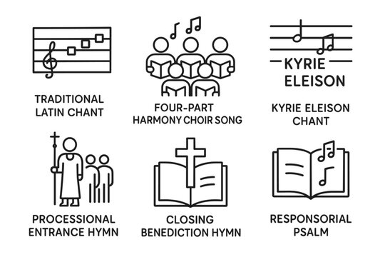 Traditional latin chant and hymns icons featuring choir and hymn book illustrations vector icon isolated illustration