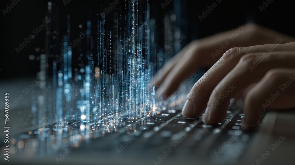 Poster person using keyboard with digital data visualization overlay