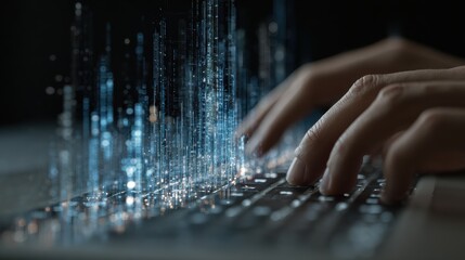 Person using keyboard with digital data visualization overlay