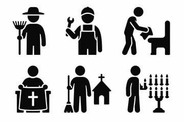 Icon set of occupations and activities including farmer, mechanic, cleaner, worshiper vector icon isolated illustration