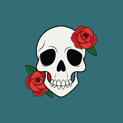 Skull with blooming roses growing from eye sockets, gothic floral illustration, dark art, tattoo design, nature meets mortality vector