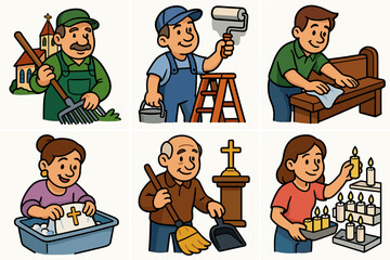 Cartoon characters engaged in church volunteer activities vector icon isolated illustration