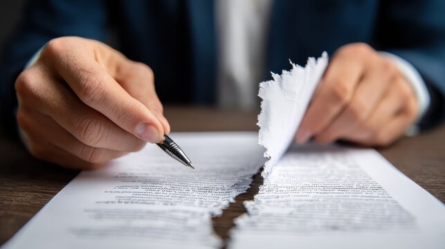 picture of man hands tearing contract paper, no logos, no brands - Powered by Adobe