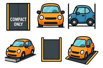 Obraz premium Cartoon compact cars in parking spaces - colorful vehicle illustrations vector icon isolated illustration