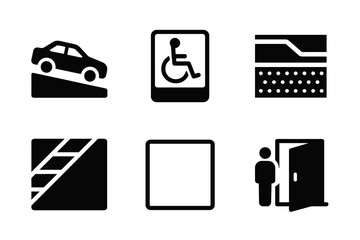 Accessibility icons set: car ramp, wheelchair, tactile paving, accessible stairs, elevator, open door vector icon isolated illustration