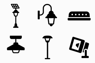 Fototapeta premium Set of six black silhouette icons of various street lamps and outdoor lights vector icon isolated illustration