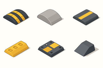 Collection of isometric speed bumps and traffic control devices vector icon isolated illustration