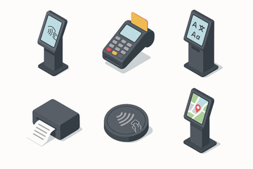 Digital payment and information icons: nfc, pos terminal, language options vector icon isolated illustration