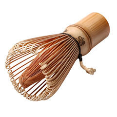 Bamboo tea whisk (chasen) with fine carved tines, natural grain, slight curve, smooth polished finish, transparent background, captured with soft shadows and dark fabric background