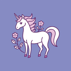 Elegant outline unicorn with floral mane, delicate line art, mystical fantasy creature, decorative flowers, magical horse illustration vector design