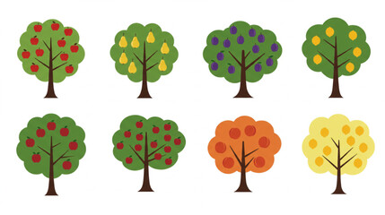 Fruity orchard with colorful trees showcasing apples, pears, plums, lemons, and peaches in a flat design.