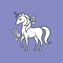Elegant outline unicorn with floral mane, delicate line art, mystical fantasy creature, decorative flowers, magical horse illustration vector design