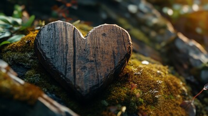 Forest dig cemetery, funeral background - Closeup of wooden heart on moss. Natural burial grave in the woods. Tree burial