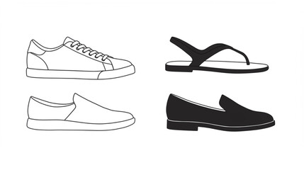 Collection of fashionable footwear styles including sneakers, sandals, loafers and slip-ons perfect for designs and apparel themes.