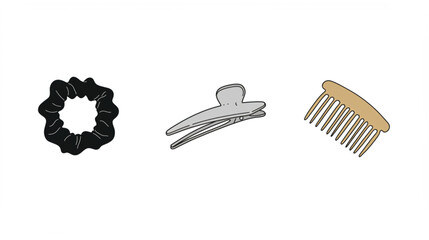 Elegant hair accessories design showcases a scrunchie, hair clip, and comb for beauty, fashion, and hairstyling creations.