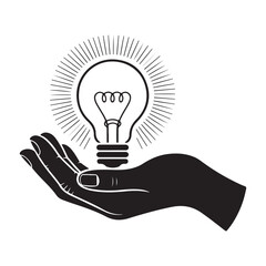 Fototapeta premium A stylized black silhouette of an open hand gently holding a glowing light bulb symbolizing a brilliant idea or innovation